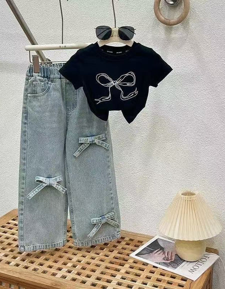 Bow Adorned Tee and Denim Jeans Set