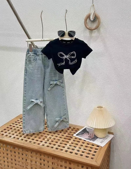Bow Adorned Tee and Denim Jeans Set