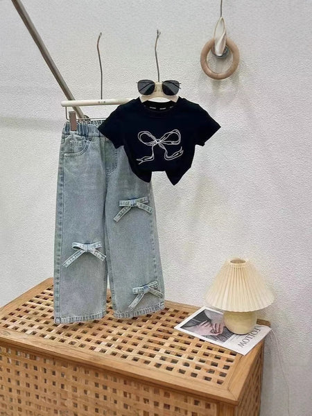 Bow Adorned Tee and Denim Jeans Set