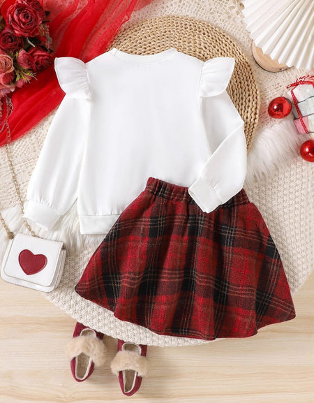 Plaid & Ruffles Long-sleeved Top and Skirt Set