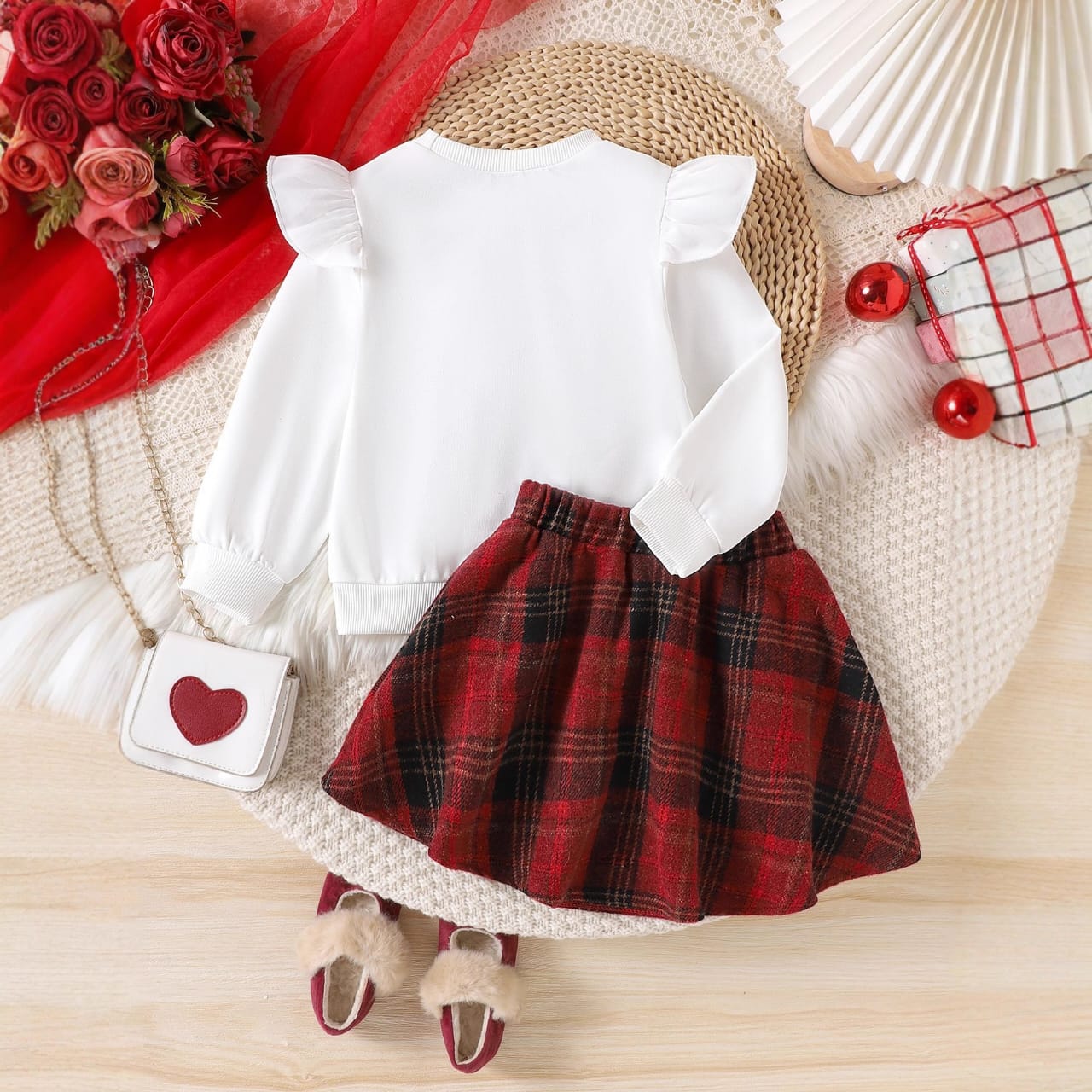 Plaid & Ruffles Long-sleeved Top and Skirt Set
