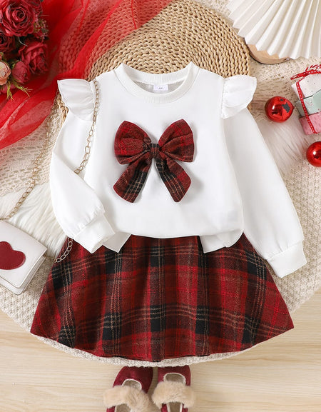 Plaid & Ruffles Long-sleeved Top and Skirt Set