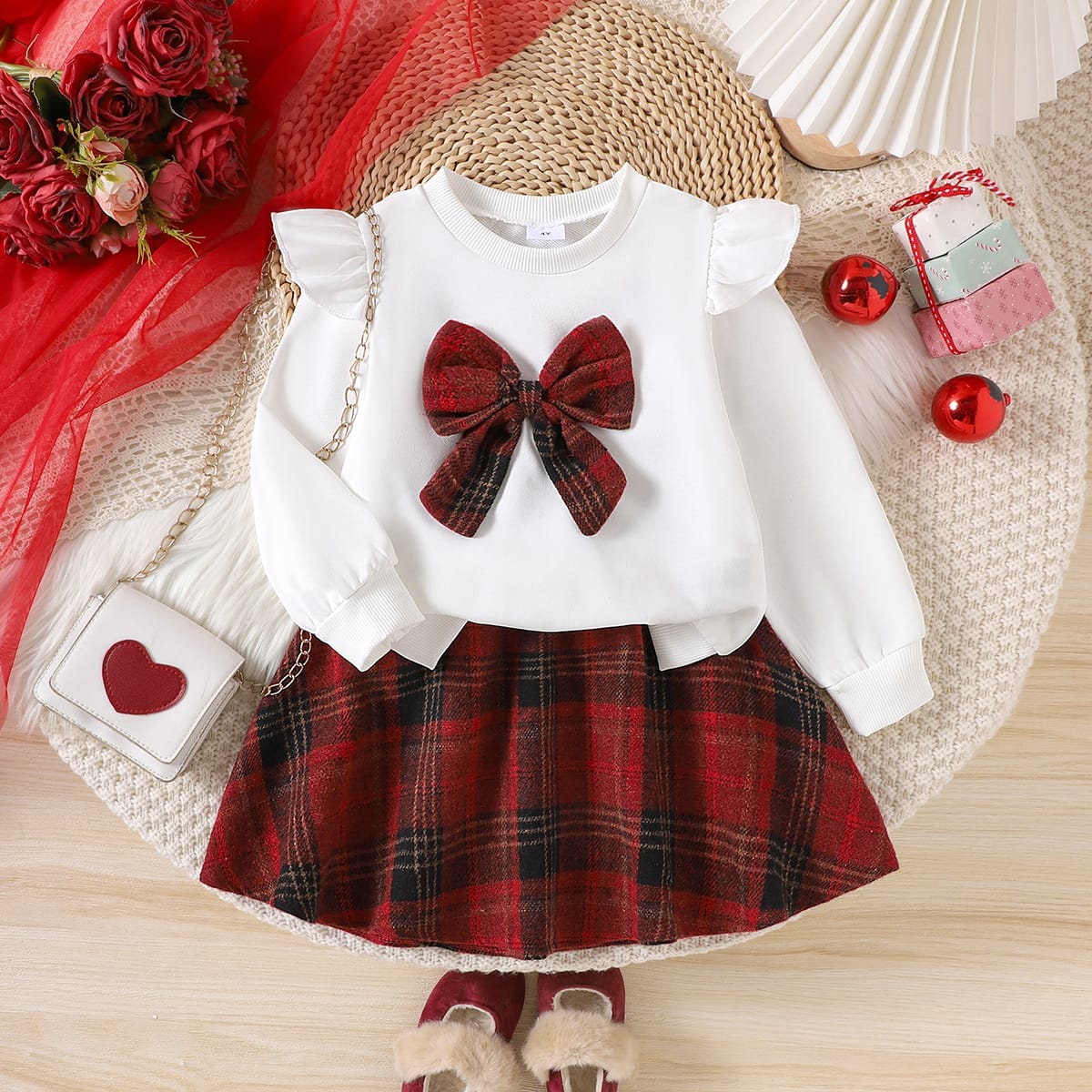 Plaid & Ruffles Long-sleeved Top and Skirt Set