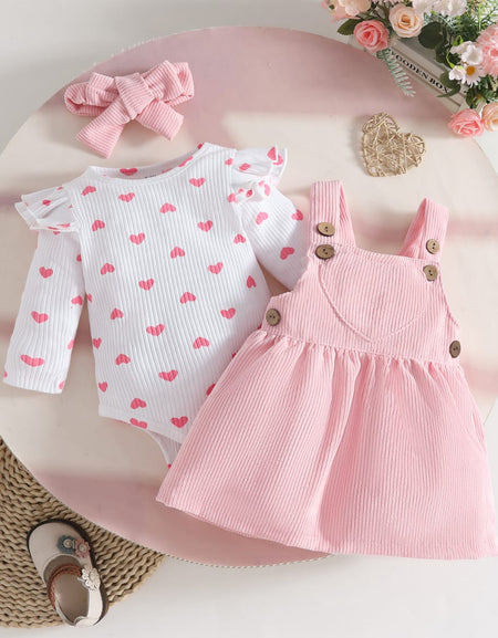 Pink Corduroy Pinafore & Heart Onesie Set