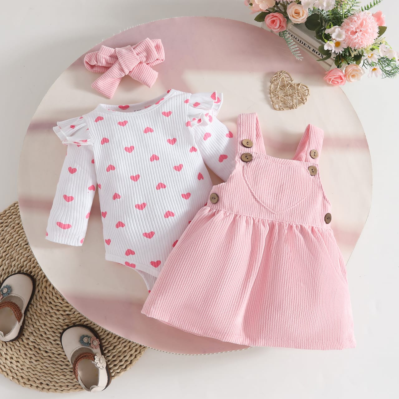 Pink Corduroy Pinafore & Heart Onesie Set
