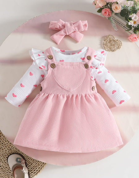 Pink Corduroy Pinafore & Heart Onesie Set