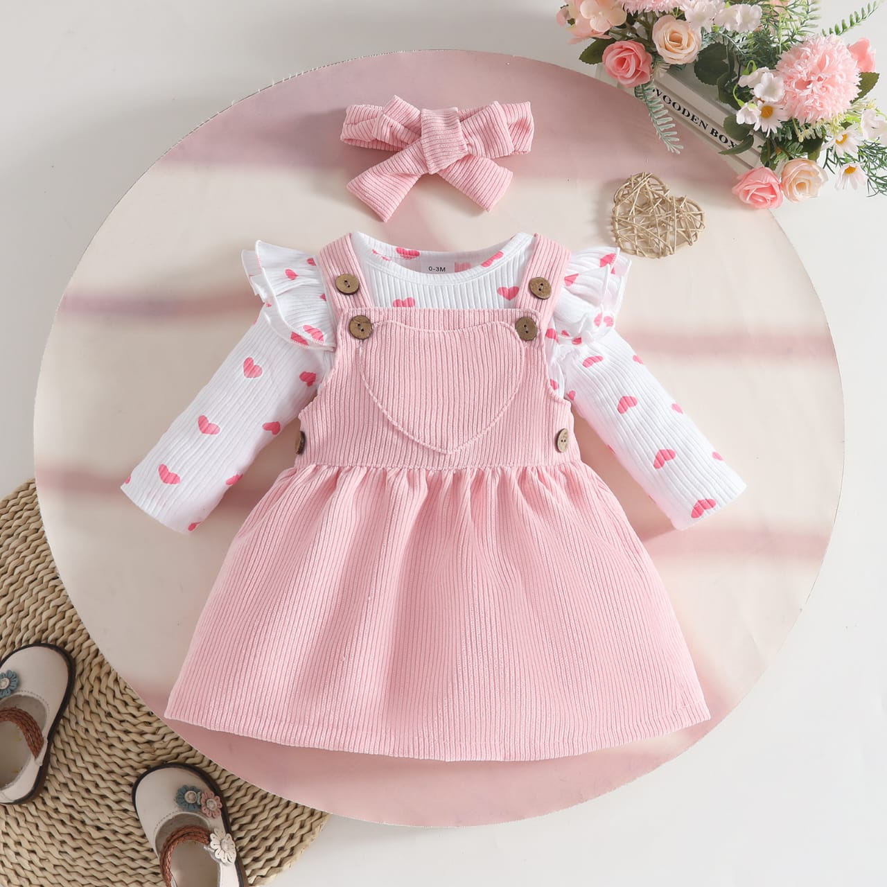 Pink Corduroy Pinafore & Heart Onesie Set
