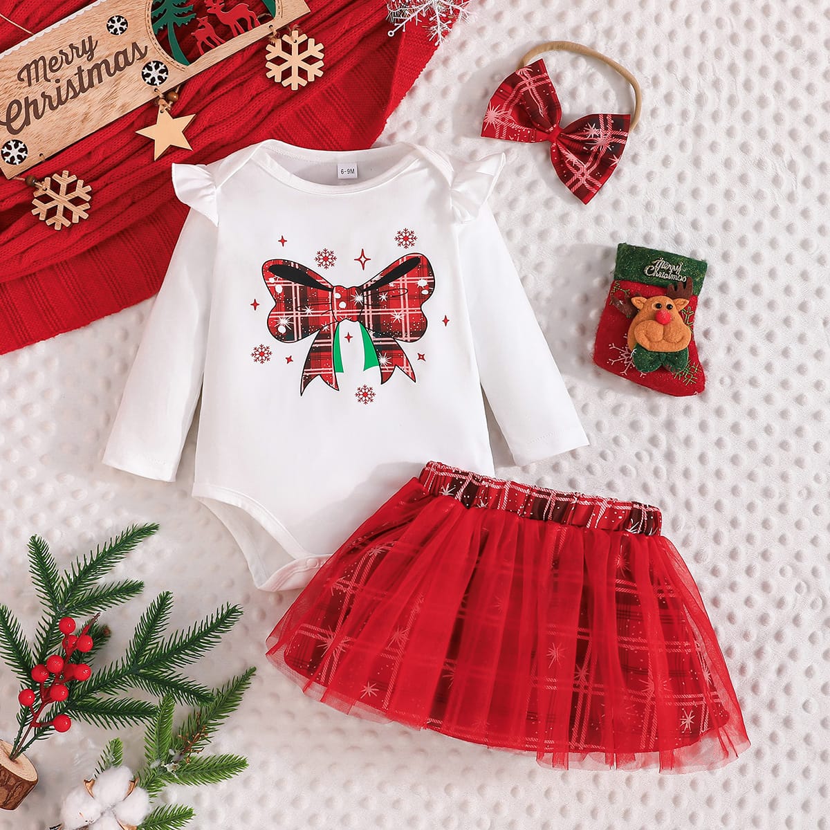 Plaid Cheer Bow Christmas Baby Set