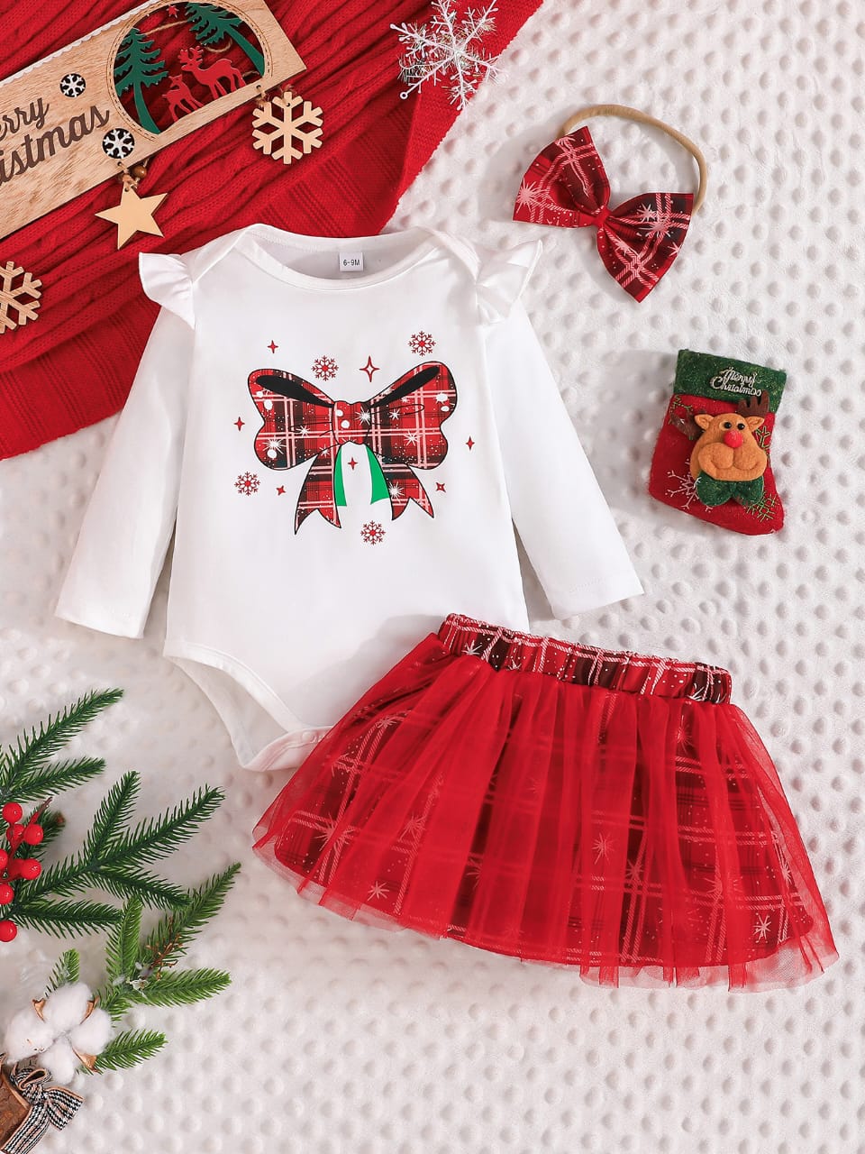 Plaid Cheer Bow Christmas Baby Set