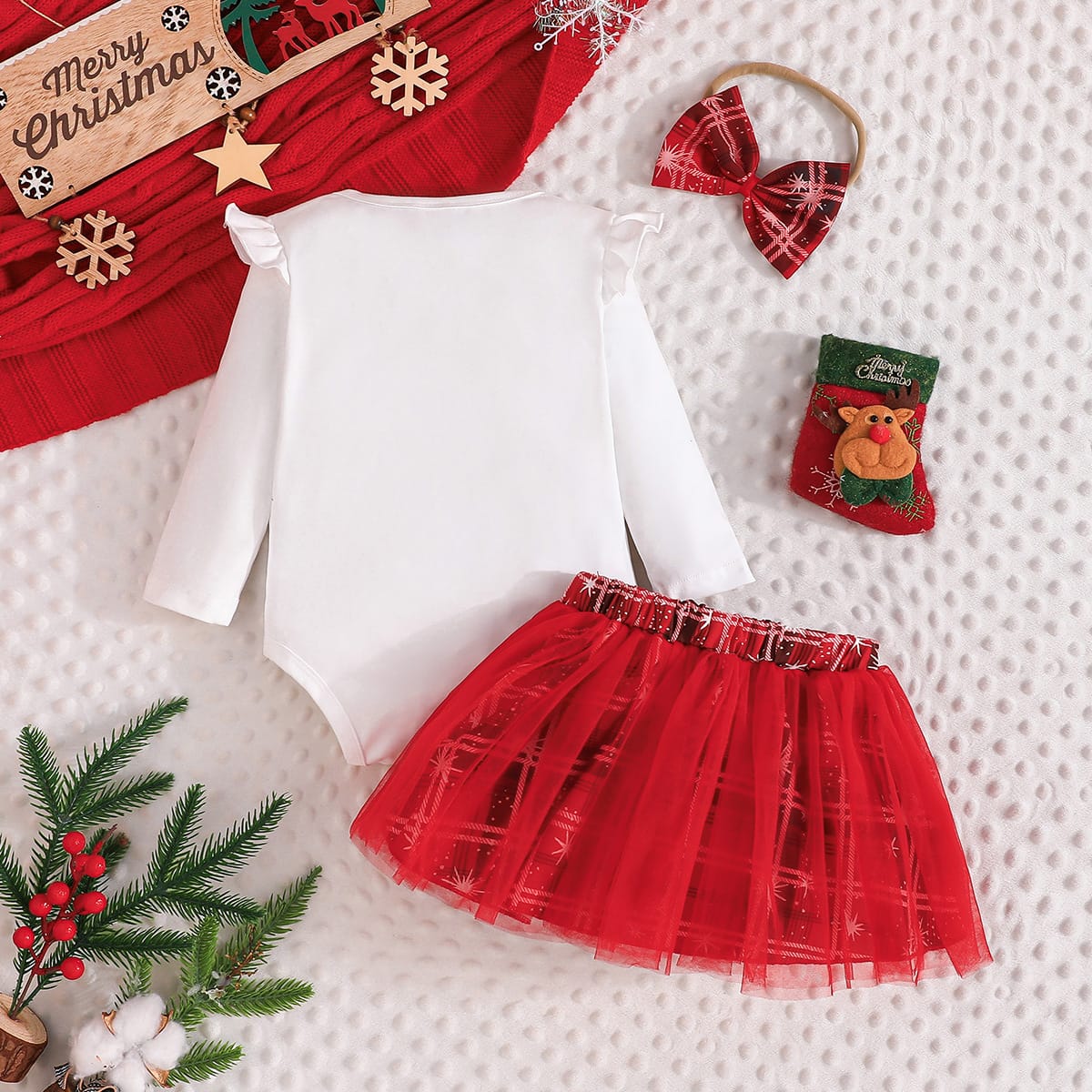 Plaid Cheer Bow Christmas Baby Set