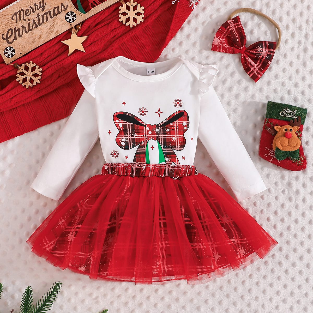 Plaid Cheer Bow Christmas Baby Set