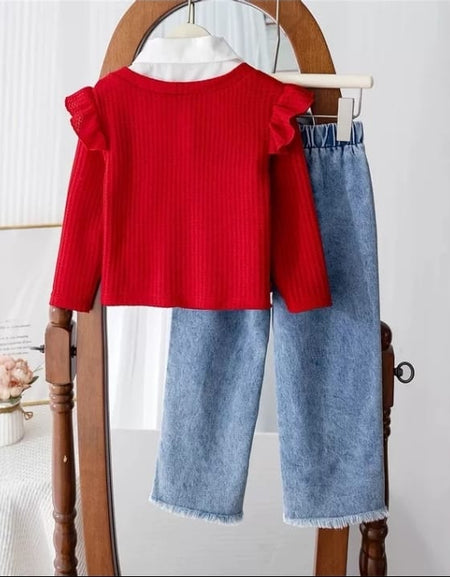 Cherry Pop Faux Denim and Patch Collar Top Set