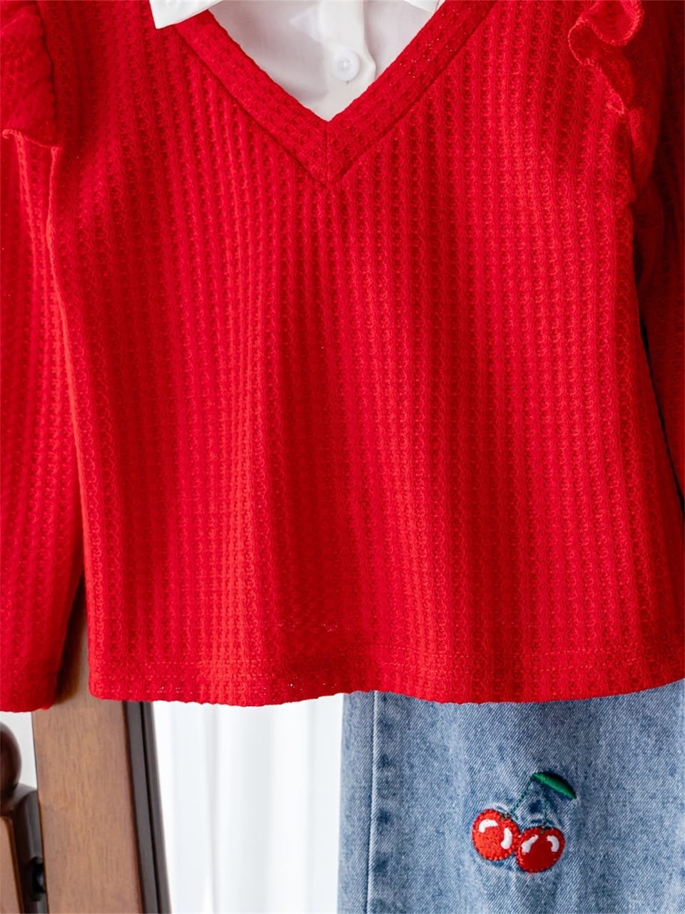 Cherry Pop Faux Denim and Patch Collar Top Set