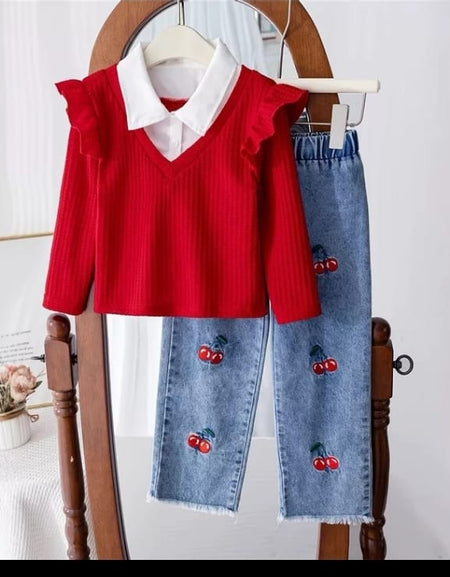 Cherry Pop Faux Denim and Patch Collar Top Set