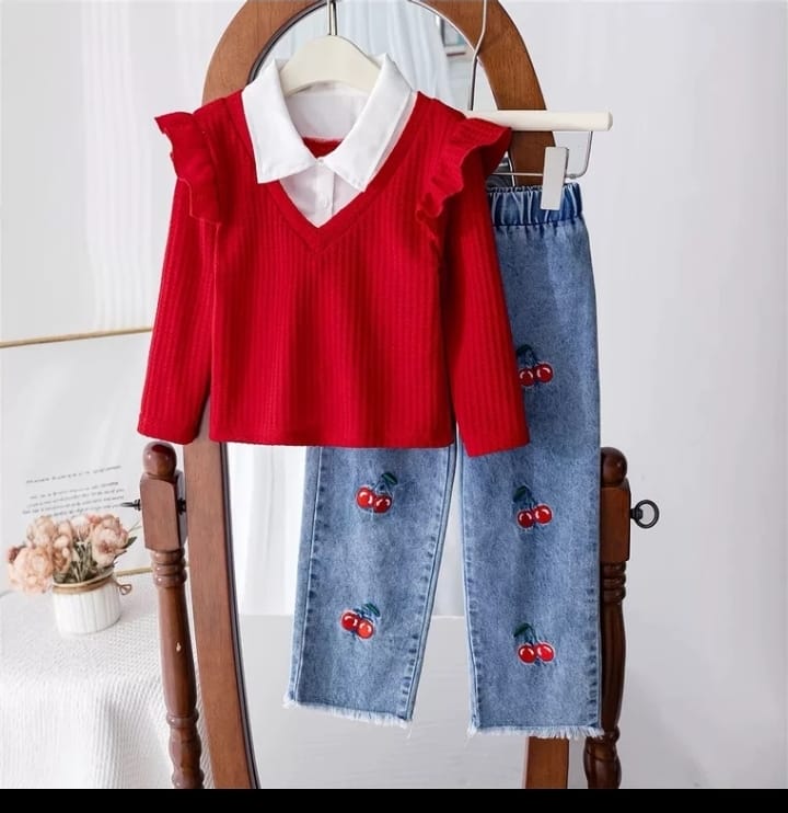 Cherry Pop Faux Denim and Patch Collar Top Set