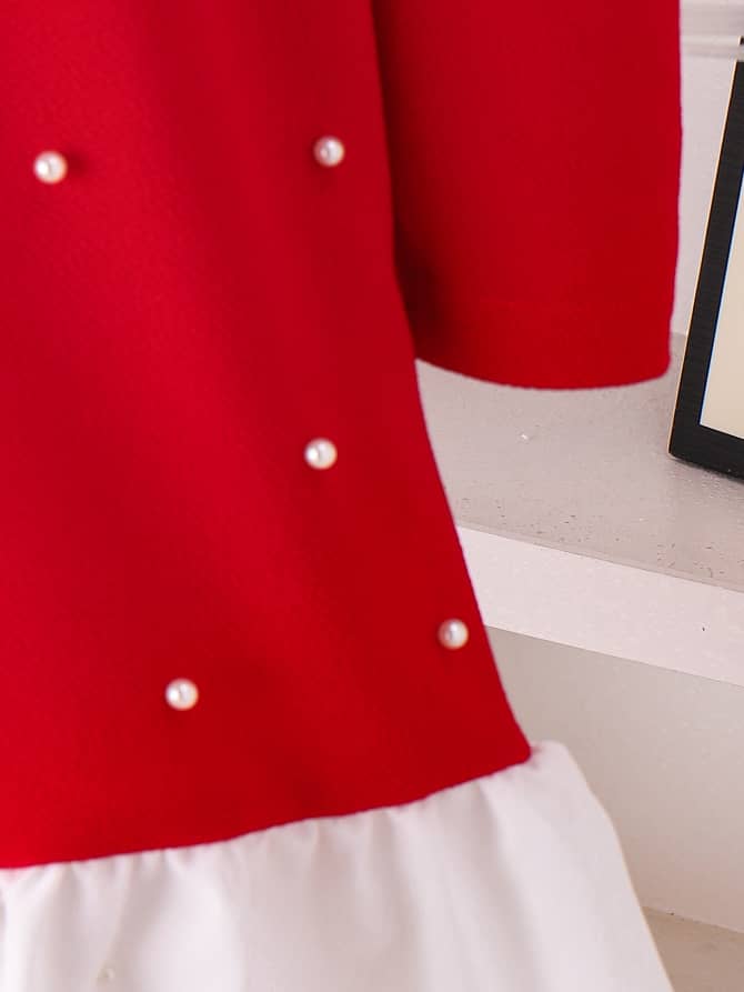 Ruby Puff Shoulders Ruffle Pearl Dress