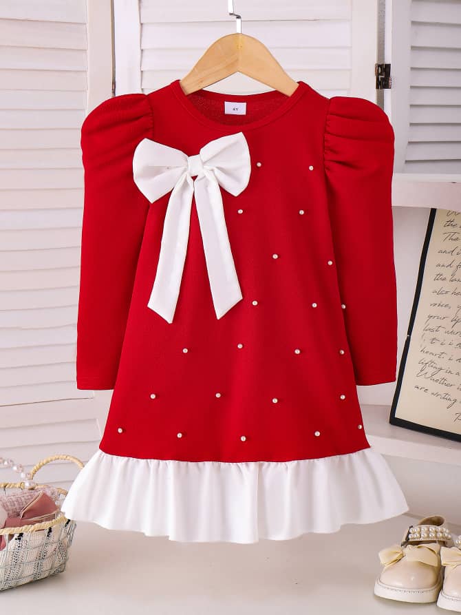 Ruby Puff Shoulders Ruffle Pearl Dress