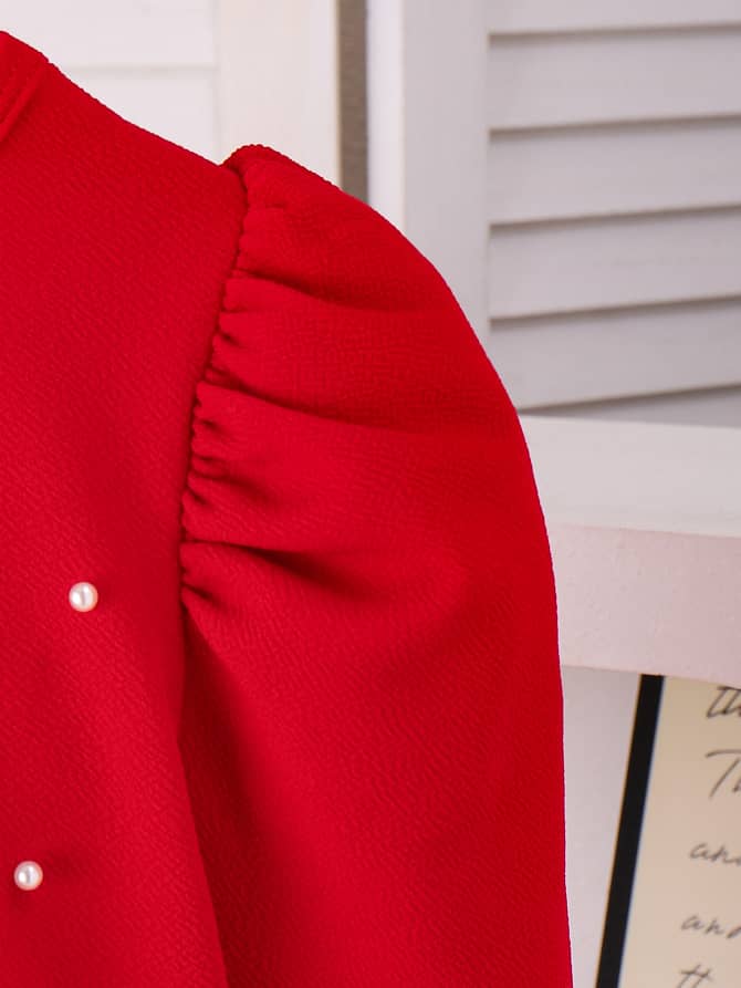 Ruby Puff Shoulders Ruffle Pearl Dress