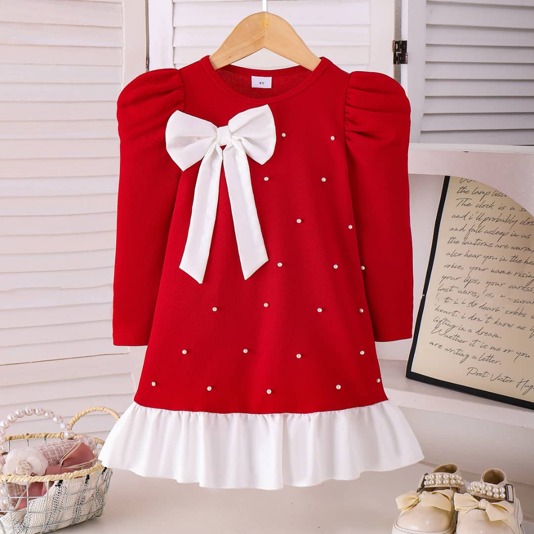 Ruby Puff Shoulders Ruffle Pearl Dress