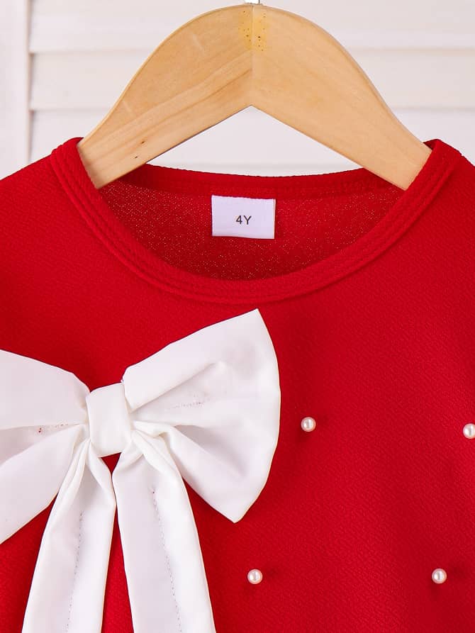 Ruby Puff Shoulders Ruffle Pearl Dress