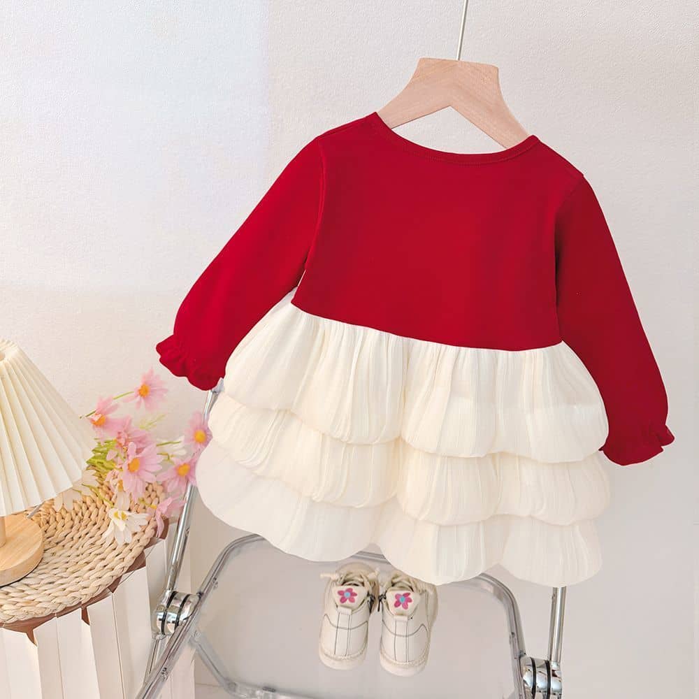 Girls' Cloud Ruffle and Bow Longsleeve Dress