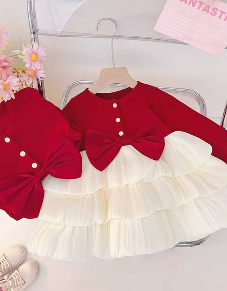 Girls' Cloud Ruffle and Bow Longsleeve Dress