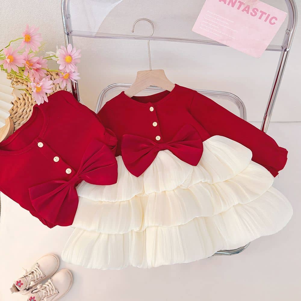 Girls' Cloud Ruffle and Bow Longsleeve Dress