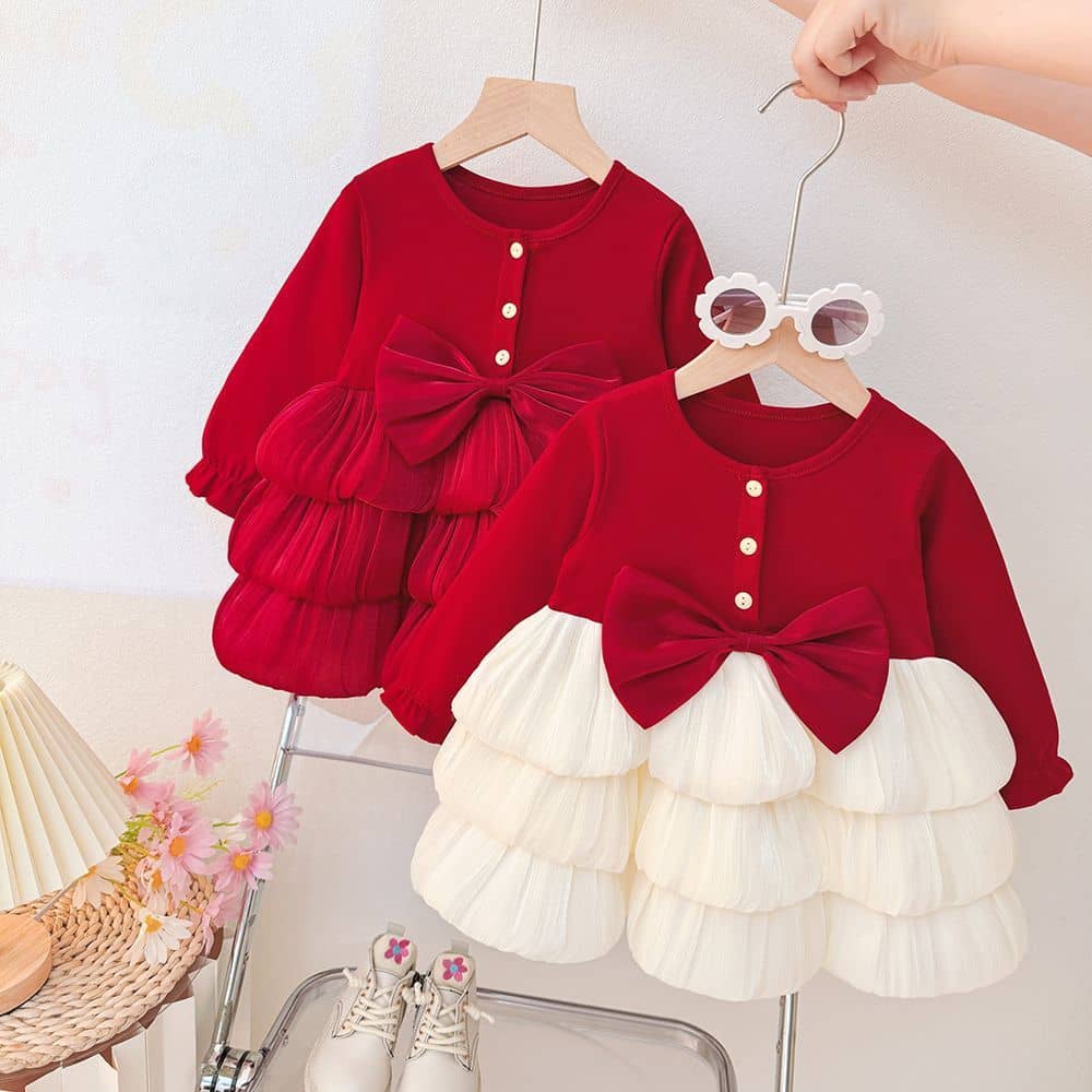 Girls' Cloud Ruffle and Bow Longsleeve Dress