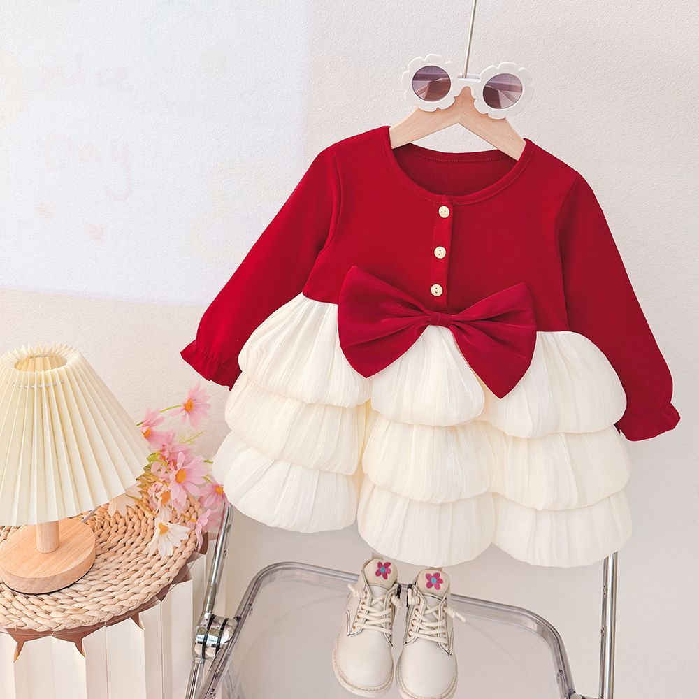 Girls' Cloud Ruffle and Bow Longsleeve Dress