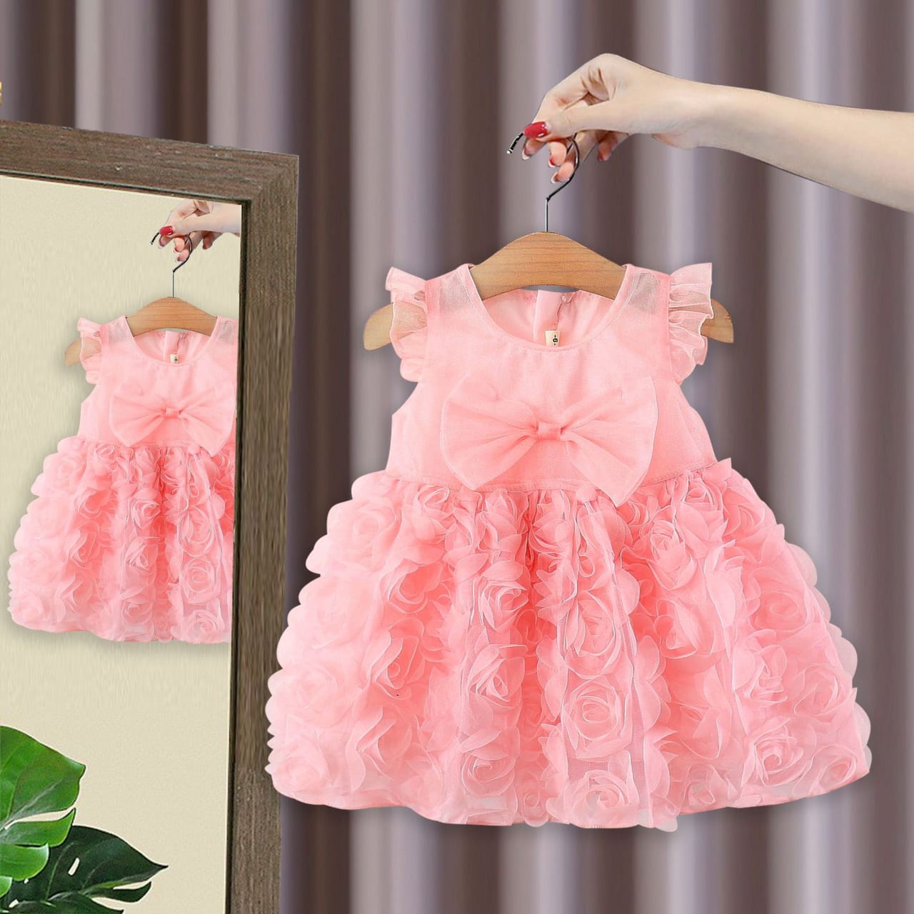 Baby Girl 3D Rose Flower Tulle Dress with Big Bow