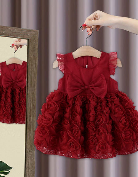 Baby Girl 3D Rose Flower Tulle Dress with Big Bow