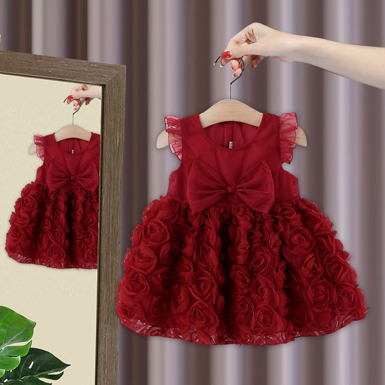 Baby Girl 3D Rose Flower Tulle Dress with Big Bow