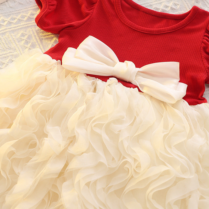 Wavy Ruffle Tulle Princess Dress with Bow