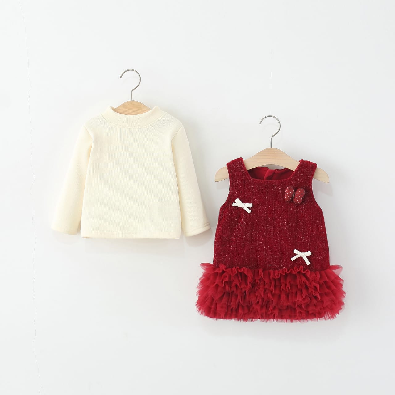 Toddler Girls Red Sparkle Tulle Dress & Cream Mock Turtleneck Set