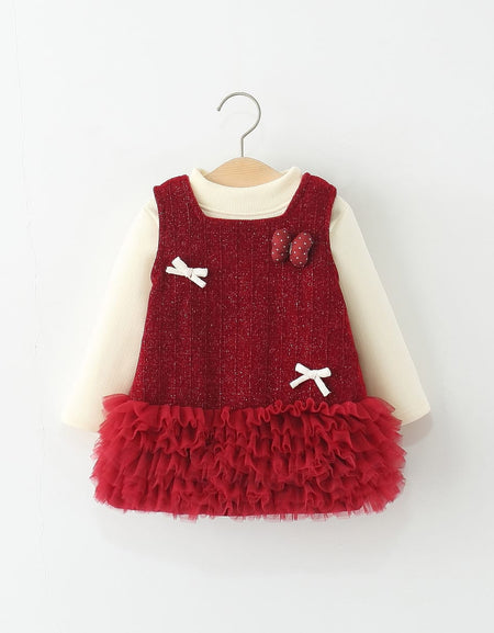 Toddler Girls Red Sparkle Tulle Dress & Cream Mock Turtleneck Set