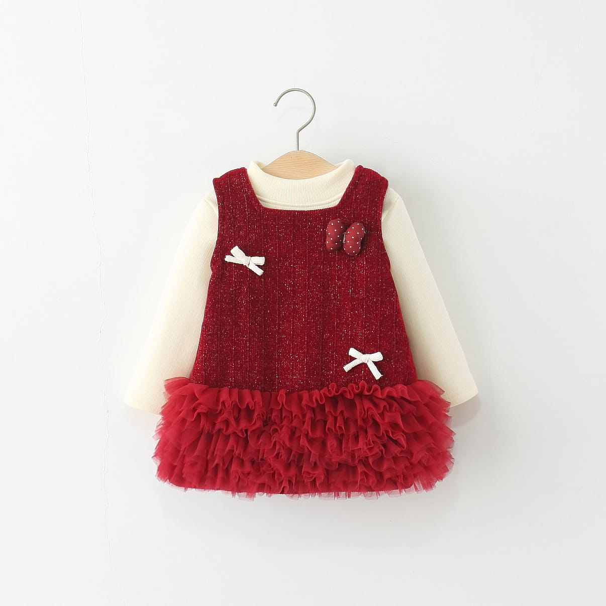 Toddler Girls Red Sparkle Tulle Dress & Cream Mock Turtleneck Set
