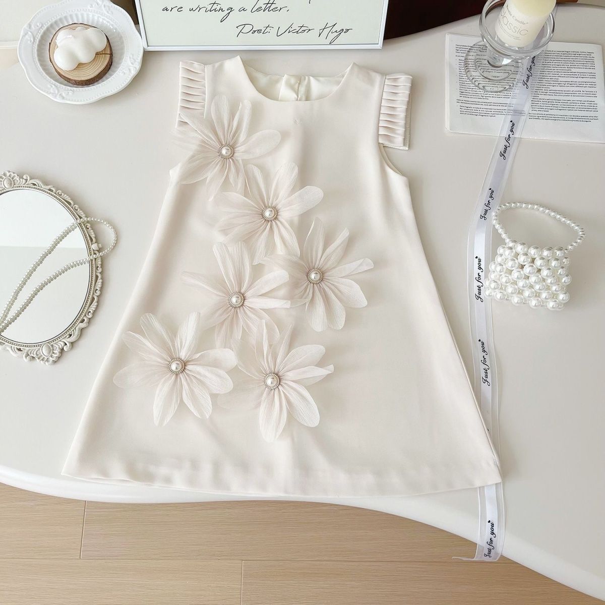 Pearl Flower Pleats Shoulder Dress