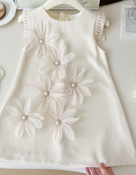 Pearl Flower Pleats Shoulder Dress