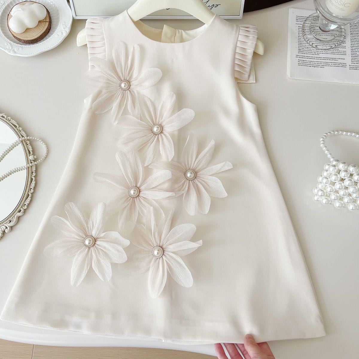 Pearl Flower Pleats Shoulder Dress