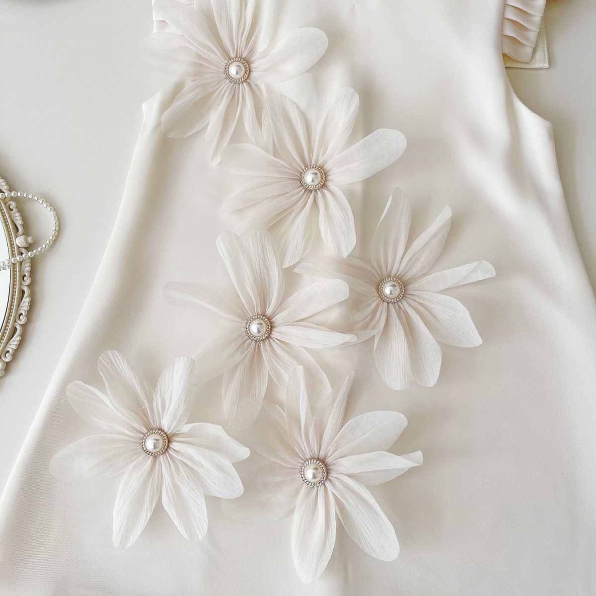Pearl Flower Pleats Shoulder Dress