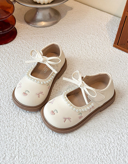 Girls' Faux-Pearl Trimmed Cherry Embroidered Dress Shoes
