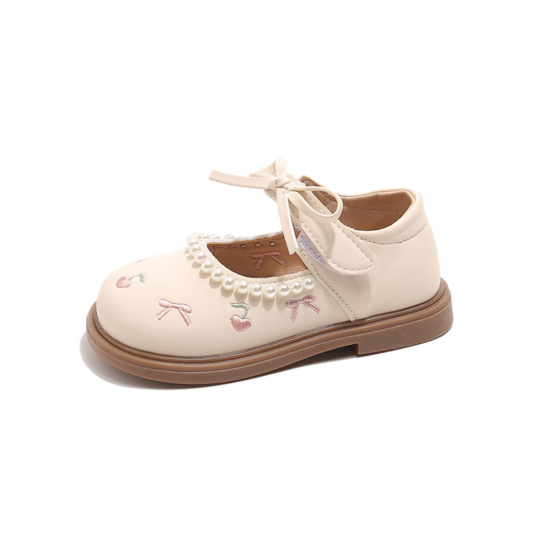 Girls' Faux-Pearl Trimmed Cherry Embroidered Dress Shoes