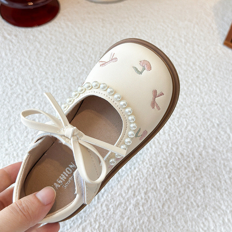 Girls' Faux-Pearl Trimmed Cherry Embroidered Dress Shoes