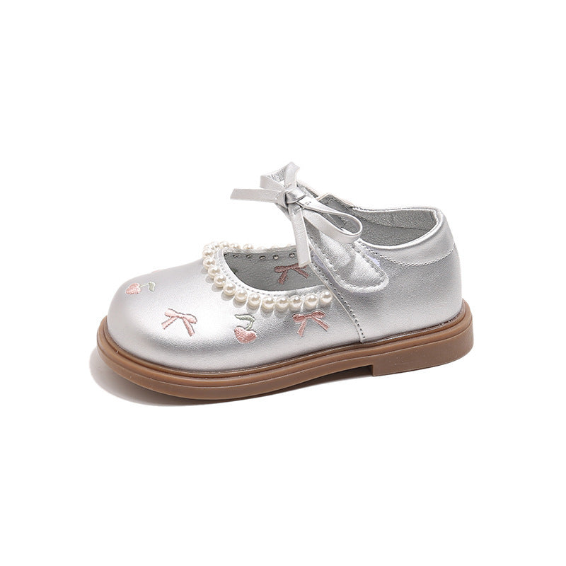 Girls' Faux-Pearl Trimmed Cherry Embroidered Dress Shoes