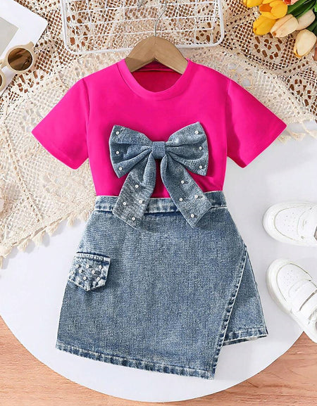 Denim Pearl Bow Two‑Piece Set