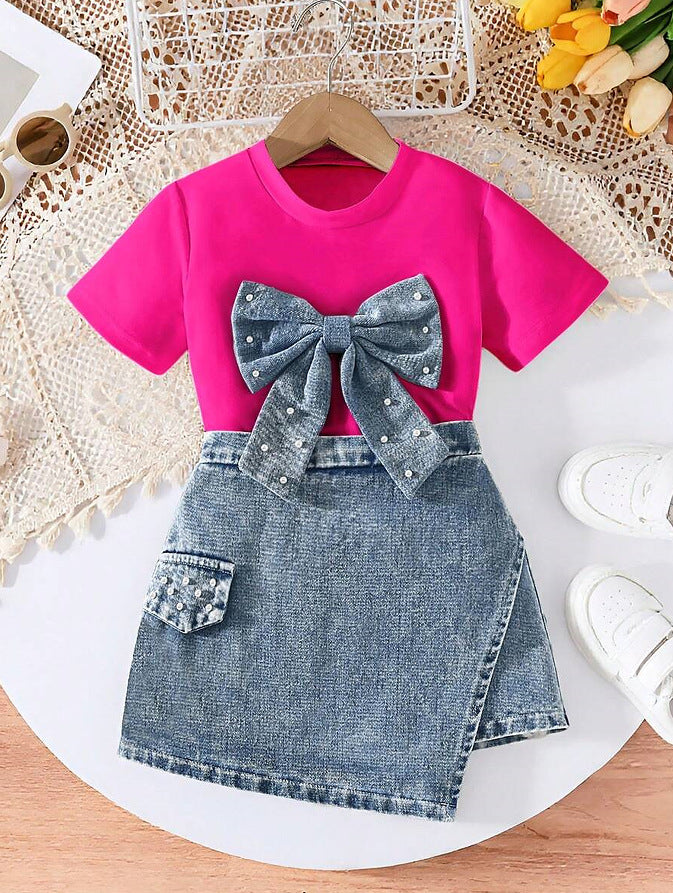 Denim Pearl Bow Two‑Piece Set