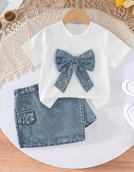 Denim Pearl Bow Two‑Piece Set