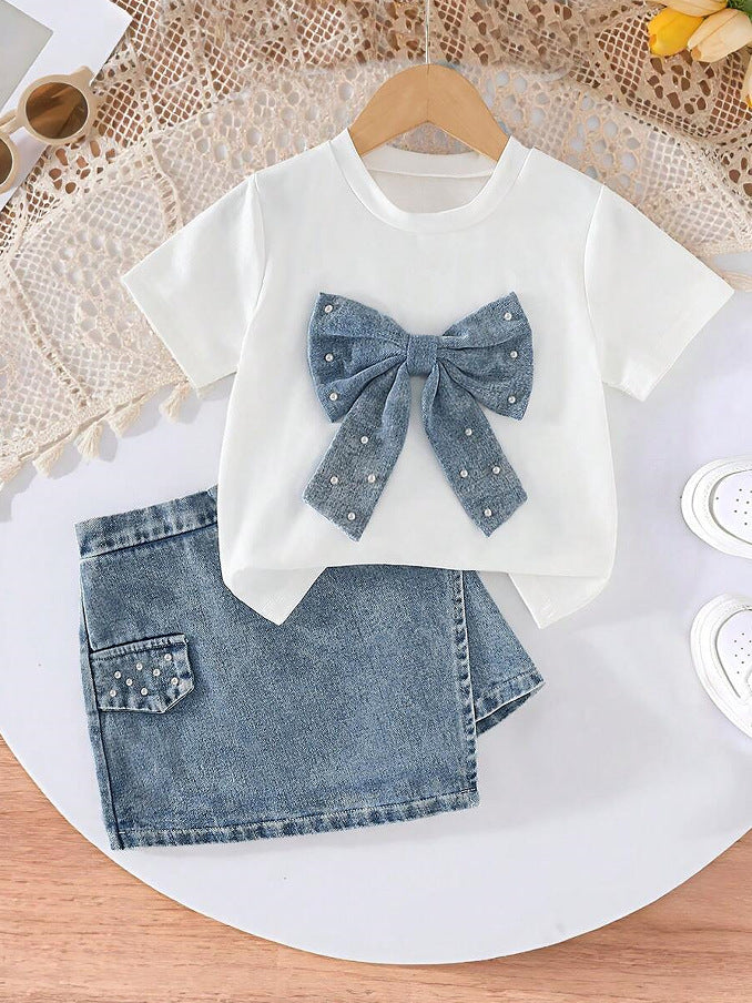 Denim Pearl Bow Two‑Piece Set