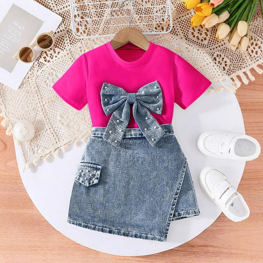 Denim Pearl Bow Two‑Piece Set