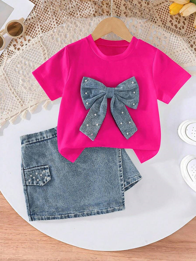 Denim Pearl Bow Two‑Piece Set